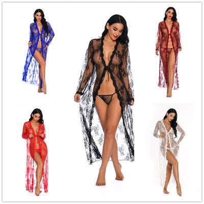 Sexy See Through Long Lingerie Plus Size 2 Pieces Lace Sleepwear for Women