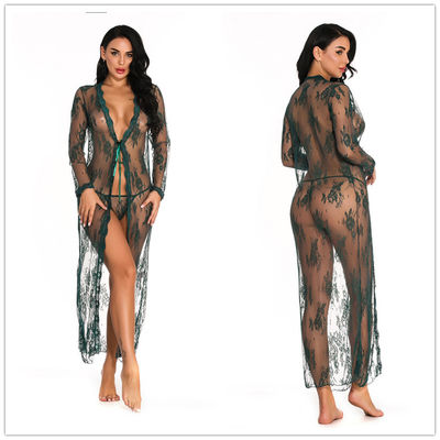 Sexy See Through Long Lingerie Plus Size 2 Pieces Lace Sleepwear for Women