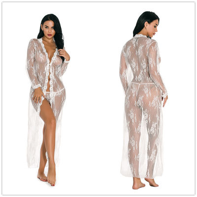 Sexy See Through Long Lingerie Plus Size 2 Pieces Lace Sleepwear for Women
