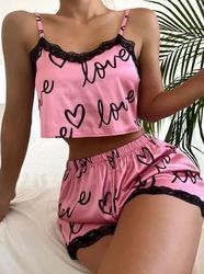 Ladies Cute Heart Print Sleepwear Leisure Wear Lingerie Shorts Pajama Sets For Women