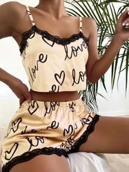 Ladies Cute Heart Print Sleepwear Leisure Wear Lingerie Shorts Pajama Sets For Women